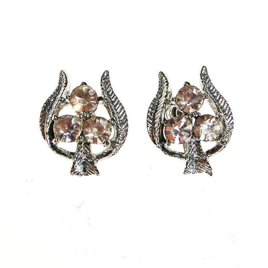 Silver Tone Rhinestone Earrings, Trio, Trinity, Floral, Screw Back, Designer Vintage Jewelry, 1960s by 1950s - Vintage Meet Modern Vintage Jewelry - Chicago, Illinois - #oldhollywoodglamour #vintagemeetmodern #designervintage #jewelrybox #antiquejewelry #vintagejewelry