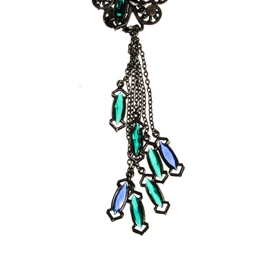 Victorian Gothic Statement Necklace with  Blue and Green Crystal Tassels by Unsigned Beauty - Vintage Meet Modern Vintage Jewelry - Chicago, Illinois - #oldhollywoodglamour #vintagemeetmodern #designervintage #jewelrybox #antiquejewelry #vintagejewelry