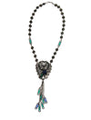Victorian Gothic Statement Necklace with  Blue and Green Crystal Tassels by Unsigned Beauty - Vintage Meet Modern Vintage Jewelry - Chicago, Illinois - #oldhollywoodglamour #vintagemeetmodern #designervintage #jewelrybox #antiquejewelry #vintagejewelry