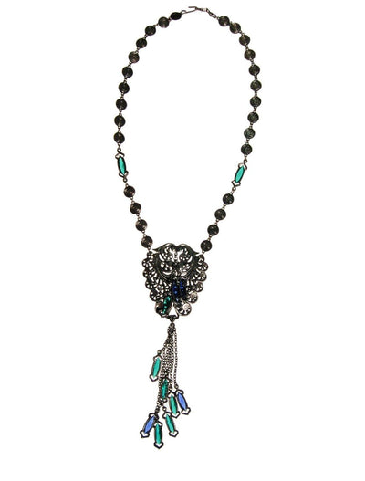 Victorian Gothic Statement Necklace with  Blue and Green Crystal Tassels by Unsigned Beauty - Vintage Meet Modern Vintage Jewelry - Chicago, Illinois - #oldhollywoodglamour #vintagemeetmodern #designervintage #jewelrybox #antiquejewelry #vintagejewelry