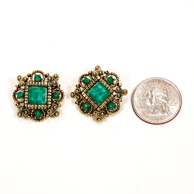 Green and Gold Etruscan Revival Earrings by Unsigned Beauty - Vintage Meet Modern Vintage Jewelry - Chicago, Illinois - #oldhollywoodglamour #vintagemeetmodern #designervintage #jewelrybox #antiquejewelry #vintagejewelry