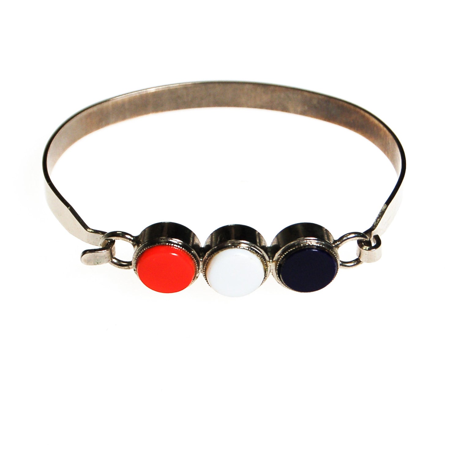 Red White and Blue Silver Bangle Bracelet, Mid Century Modern, Preppy, Americana, Patriotic, Summer Jewerly by Unsigned Beauty - Vintage Meet Modern Vintage Jewelry - Chicago, Illinois - #oldhollywoodglamour #vintagemeetmodern #designervintage #jewelrybox #antiquejewelry #vintagejewelry