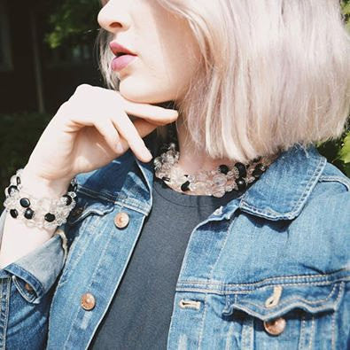 Black and Clear Glass Beaded Coil Bracelet by Unsigned Beauty - Vintage Meet Modern Vintage Jewelry - Chicago, Illinois - #oldhollywoodglamour #vintagemeetmodern #designervintage #jewelrybox #antiquejewelry #vintagejewelry