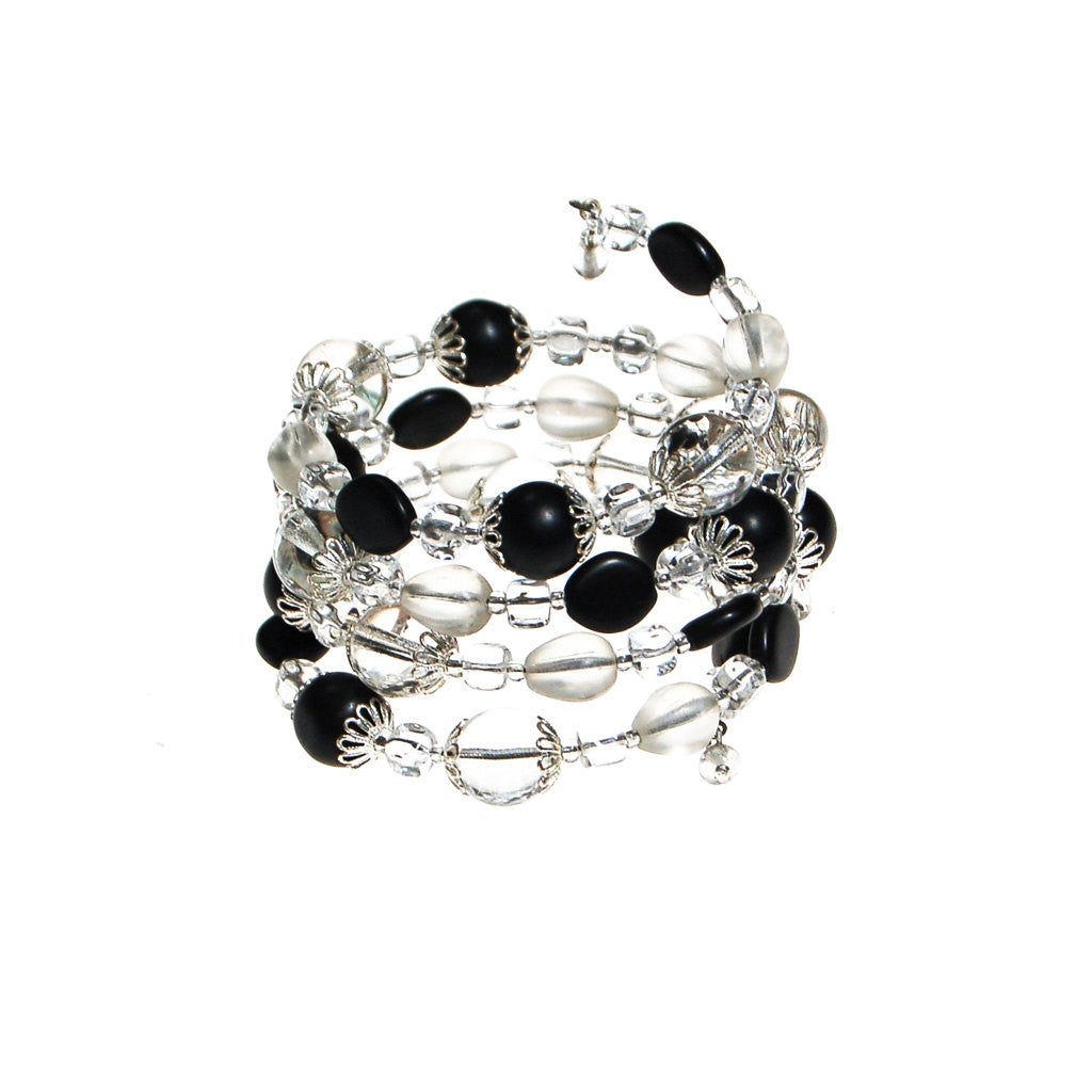 Black and Clear Glass Beaded Coil Bracelet