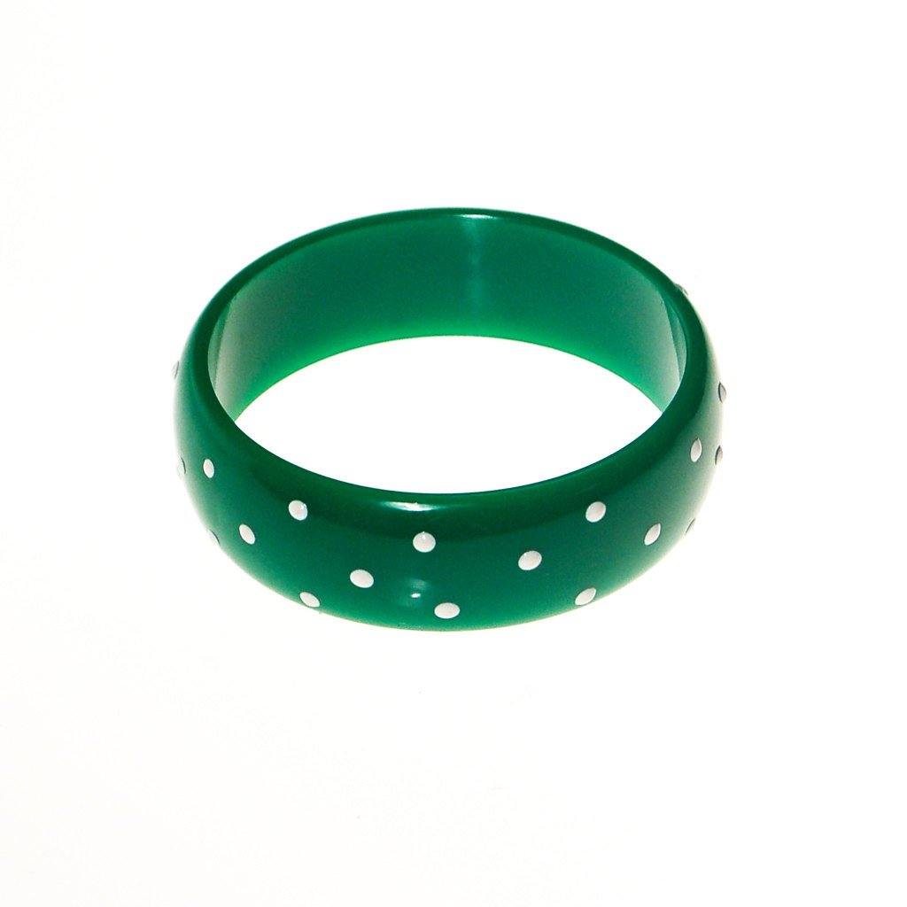 Green and White Polka Dot Bangle Bracelet by 1980s - Vintage Meet Modern Vintage Jewelry - Chicago, Illinois - #oldhollywoodglamour #vintagemeetmodern #designervintage #jewelrybox #antiquejewelry #vintagejewelry