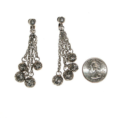 Silver Filigree Beads Earrings, Clip On, Dangling, Drop by 1970s - Vintage Meet Modern Vintage Jewelry - Chicago, Illinois - #oldhollywoodglamour #vintagemeetmodern #designervintage #jewelrybox #antiquejewelry #vintagejewelry
