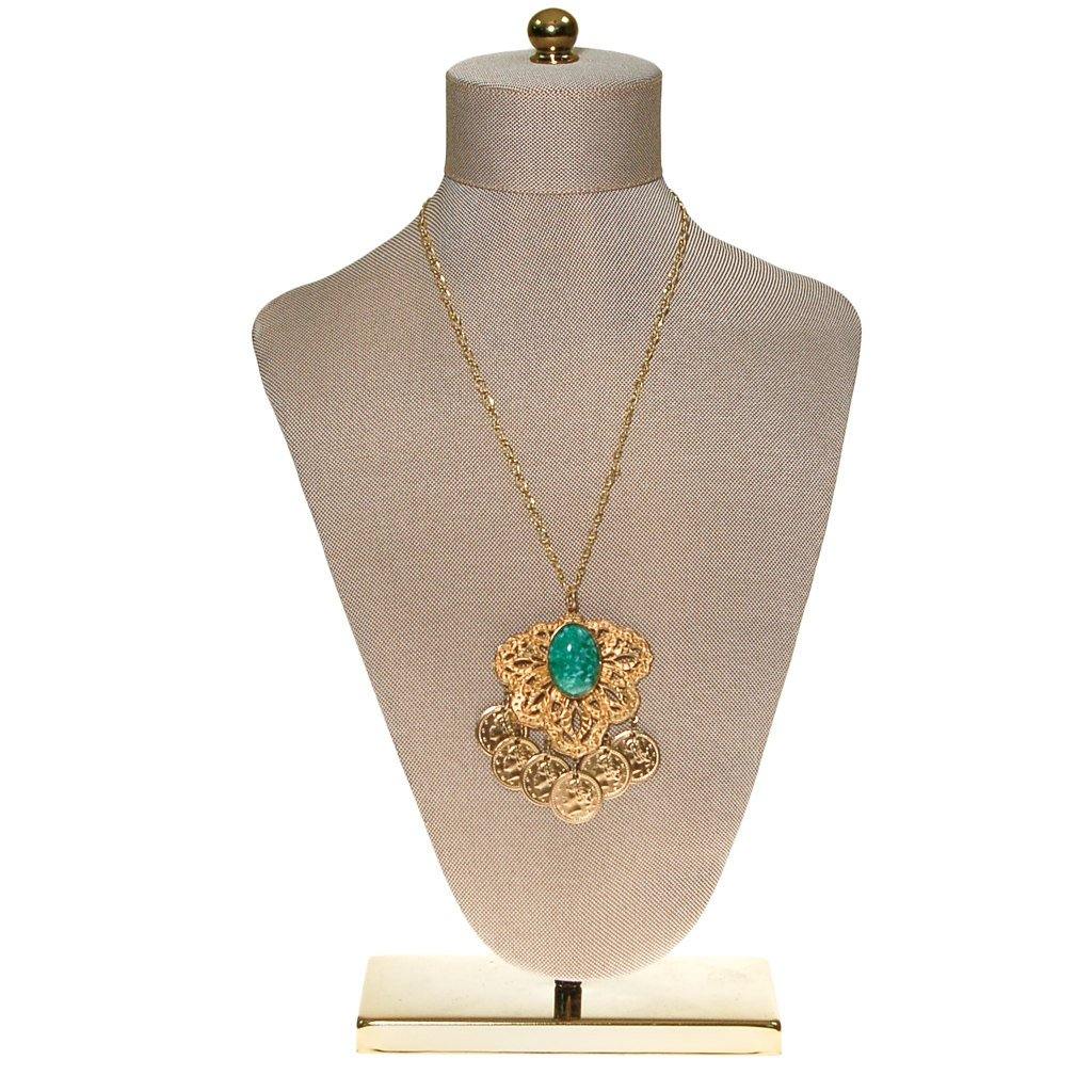 Gold Filigree Medallion Necklace, Faux Speckled Jade Cabochon, Dangling Coins, Etruscan Revival, 1970s Era, Statement Necklace by 1970s - Vintage Meet Modern Vintage Jewelry - Chicago, Illinois - #oldhollywoodglamour #vintagemeetmodern #designervintage #jewelrybox #antiquejewelry #vintagejewelry