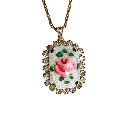 Rose Guilloche and Rhinestone Pendant Necklace by Unsigned Beauty - Vintage Meet Modern Vintage Jewelry - Chicago, Illinois - #oldhollywoodglamour #vintagemeetmodern #designervintage #jewelrybox #antiquejewelry #vintagejewelry