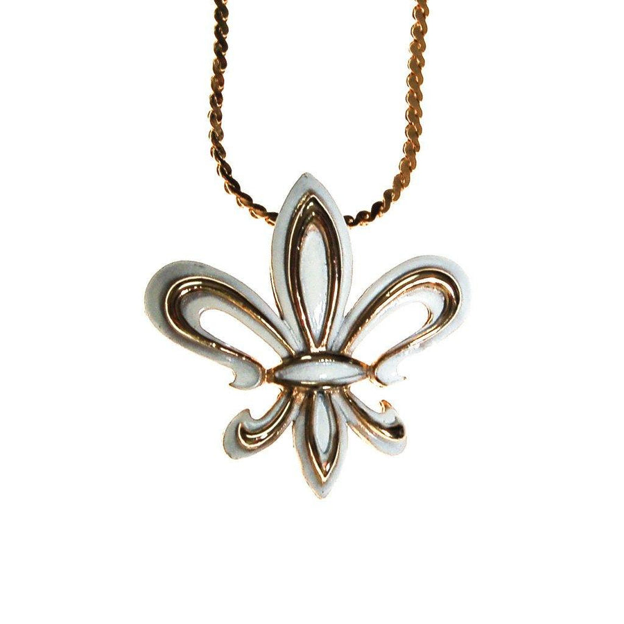 White and Gold Fleur De Lis Pendant Necklace by Unsigned Beauty - Vintage Meet Modern Vintage Jewelry - Chicago, Illinois - #oldhollywoodglamour #vintagemeetmodern #designervintage #jewelrybox #antiquejewelry #vintagejewelry