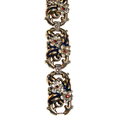 Rhinestone Flower Pot Metal Bracelet, 1940s, Blue, Red, Silver by Patent Pending - Vintage Meet Modern Vintage Jewelry - Chicago, Illinois - #oldhollywoodglamour #vintagemeetmodern #designervintage #jewelrybox #antiquejewelry #vintagejewelry