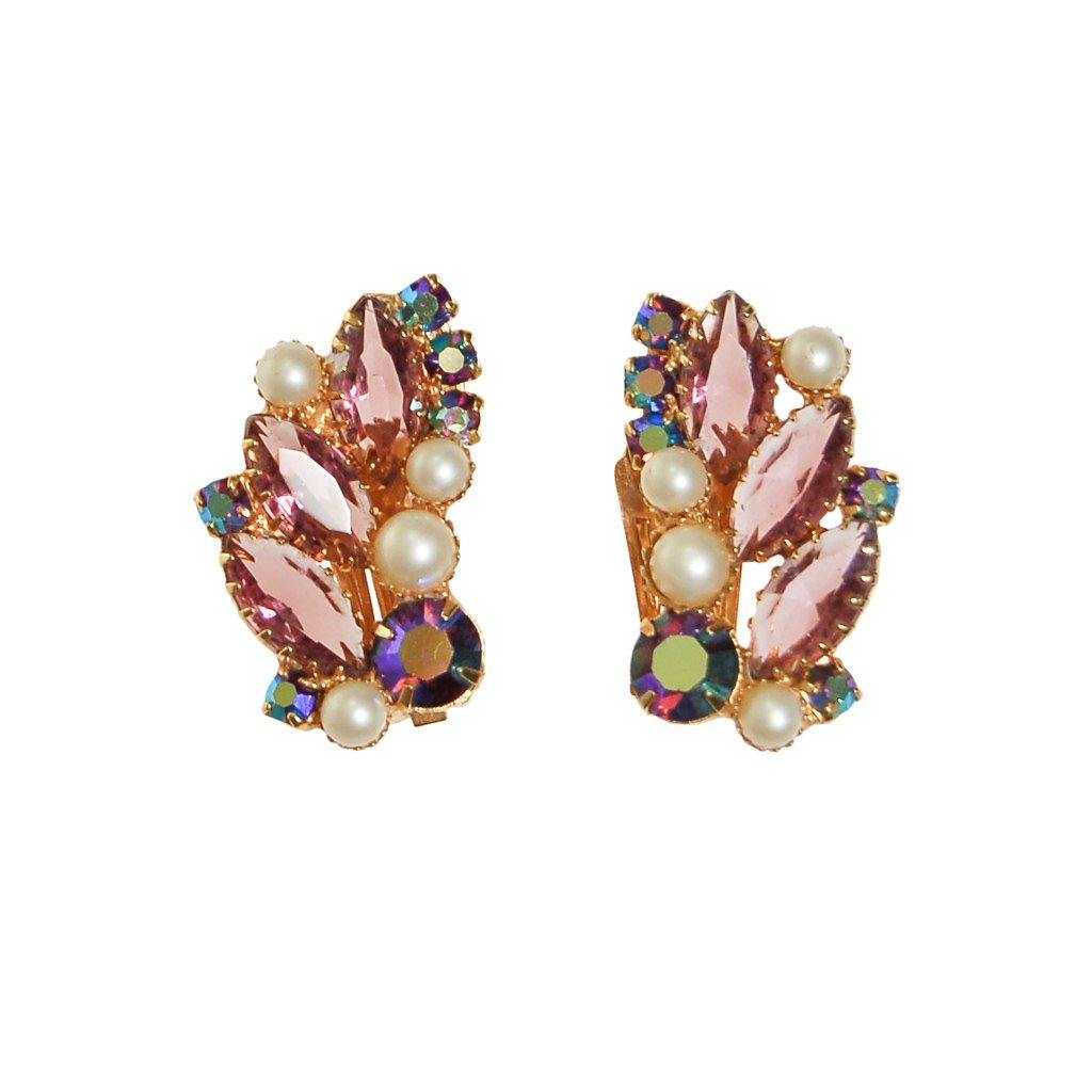 Juliana Purple Rhinestone, Pearl, Aurora Borealis Clip Ear Crawler Earrings