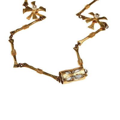Gold Tone Abstract Necklace, Star Links, Faux Pearls, Long Length, Layering Necklace by 1970s - Vintage Meet Modern Vintage Jewelry - Chicago, Illinois - #oldhollywoodglamour #vintagemeetmodern #designervintage #jewelrybox #antiquejewelry #vintagejewelry