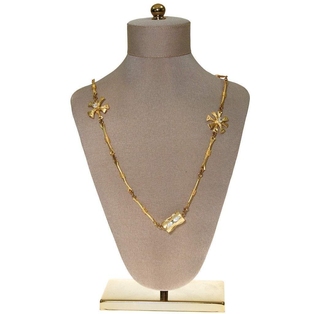 Gold Tone Abstract Necklace, Star Links, Faux Pearls, Long Length, Layering Necklace by 1970s - Vintage Meet Modern Vintage Jewelry - Chicago, Illinois - #oldhollywoodglamour #vintagemeetmodern #designervintage #jewelrybox #antiquejewelry #vintagejewelry
