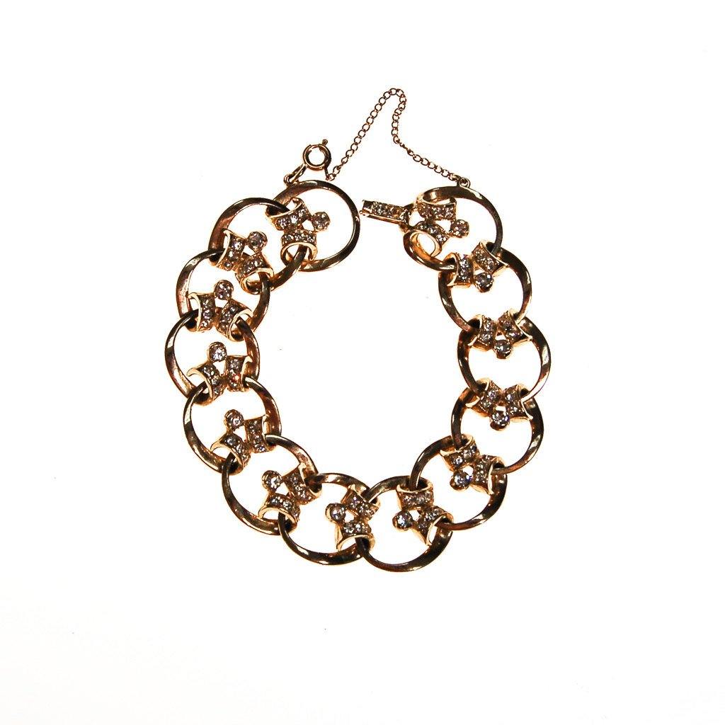 Gold Scroll Link Bracelet with Diamante Rhinestones by 1950s - Vintage Meet Modern Vintage Jewelry - Chicago, Illinois - #oldhollywoodglamour #vintagemeetmodern #designervintage #jewelrybox #antiquejewelry #vintagejewelry
