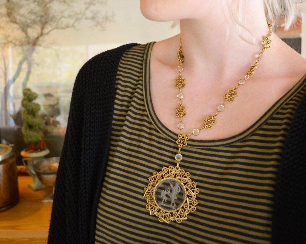 Cupid and Psyche Mythological Crystal Cameo Pendant Necklace by Goldette - Vintage Meet Modern Vintage Jewelry - Chicago, Illinois - #oldhollywoodglamour #vintagemeetmodern #designervintage #jewelrybox #antiquejewelry #vintagejewelry