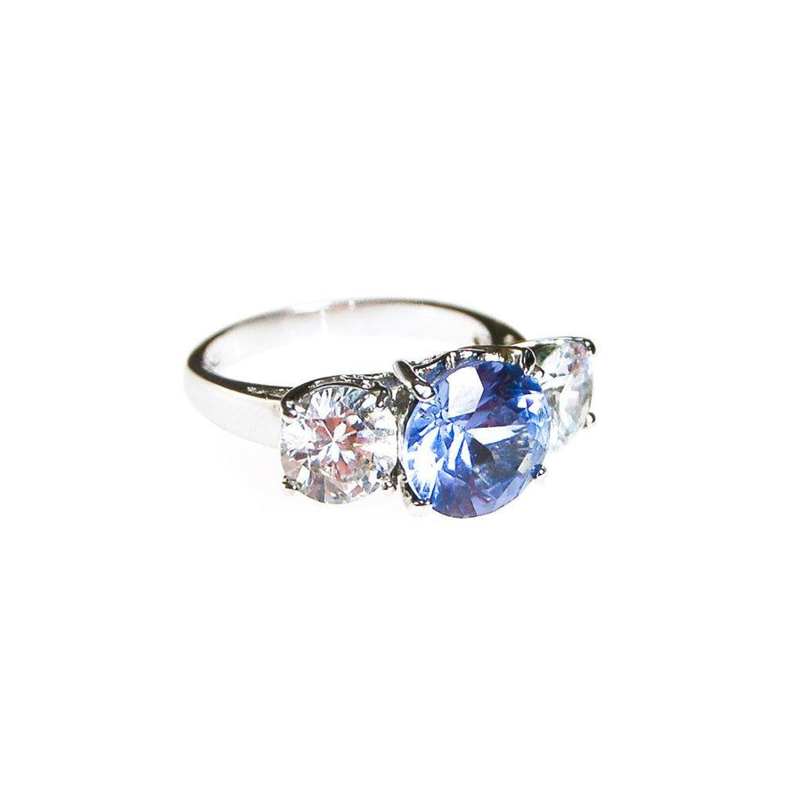 Three Stone Ring, CZ, Blue Topaz, Silver Tone, Wedding, Bridal, Anniversary, Engagement Ring by 1980s - Vintage Meet Modern Vintage Jewelry - Chicago, Illinois - #oldhollywoodglamour #vintagemeetmodern #designervintage #jewelrybox #antiquejewelry #vintagejewelry