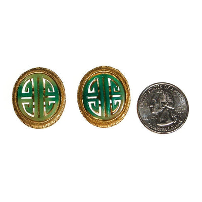 Vendome Asian Inspired Earrings, Clip On, Faux Jade, Gold Tone, Orientalism, 1960s, Clip On, Designer Vintage Jewelry by Vendome - Vintage Meet Modern Vintage Jewelry - Chicago, Illinois - #oldhollywoodglamour #vintagemeetmodern #designervintage #jewelrybox #antiquejewelry #vintagejewelry