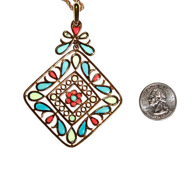 Plique a Jour Crown Trifari Pendant Necklace, Stained Glass, Emerald Green, Red, Blue, Collectible Designer Jewelry, 1960s by Crown Trifari - Vintage Meet Modern Vintage Jewelry - Chicago, Illinois - #oldhollywoodglamour #vintagemeetmodern #designervintage #jewelrybox #antiquejewelry #vintagejewelry