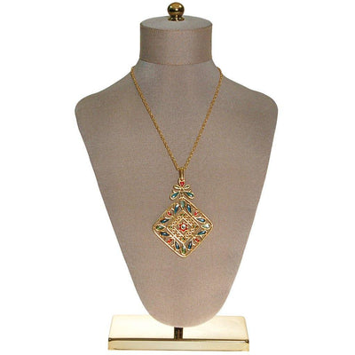 Plique a Jour Crown Trifari Pendant Necklace, Stained Glass, Emerald Green, Red, Blue, Collectible Designer Jewelry, 1960s by Crown Trifari - Vintage Meet Modern Vintage Jewelry - Chicago, Illinois - #oldhollywoodglamour #vintagemeetmodern #designervintage #jewelrybox #antiquejewelry #vintagejewelry