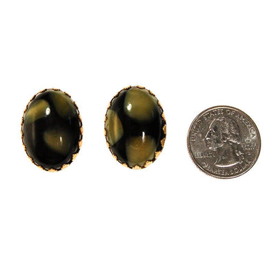 Black and Lemon Citrine Molted Art Glass Earrings, Cabochons, Camouflage, Oval Shape, Clip On, 1950s, 1960s Era by 1960s - Vintage Meet Modern Vintage Jewelry - Chicago, Illinois - #oldhollywoodglamour #vintagemeetmodern #designervintage #jewelrybox #antiquejewelry #vintagejewelry