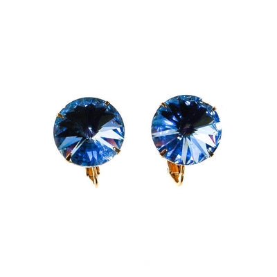 Blue Rivoli Rhinestone Earrings, Clip On, Round, Headlight Style, Designer Vintage Jewelry, 1960s by 1960s - Vintage Meet Modern Vintage Jewelry - Chicago, Illinois - #oldhollywoodglamour #vintagemeetmodern #designervintage #jewelrybox #antiquejewelry #vintagejewelry