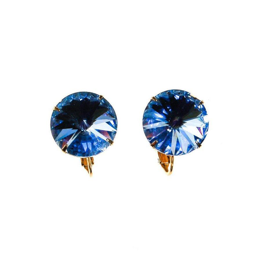 Blue Rivoli Rhinestone Earrings, Clip On, Round, Headlight Style, Designer Vintage Jewelry, 1960s by 1960s - Vintage Meet Modern Vintage Jewelry - Chicago, Illinois - #oldhollywoodglamour #vintagemeetmodern #designervintage #jewelrybox #antiquejewelry #vintagejewelry