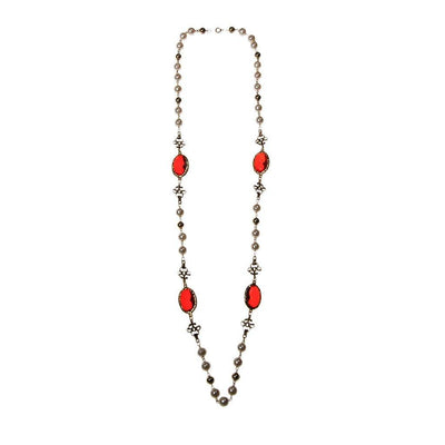 Pearl and Red Bezel Set Crystal Necklace by Unsigned Beauty - Vintage Meet Modern Vintage Jewelry - Chicago, Illinois - #oldhollywoodglamour #vintagemeetmodern #designervintage #jewelrybox #antiquejewelry #vintagejewelry