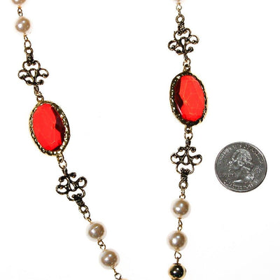 Pearl and Red Bezel Set Crystal Necklace by Unsigned Beauty - Vintage Meet Modern Vintage Jewelry - Chicago, Illinois - #oldhollywoodglamour #vintagemeetmodern #designervintage #jewelrybox #antiquejewelry #vintagejewelry