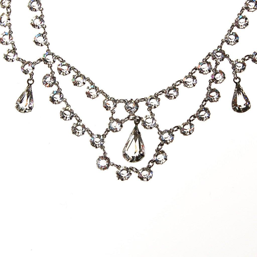 Art Deco Bezel Set Crystal Necklace and Earring Set, White Gold Filled, Demi Parure, Screw Back Earrings, Waterfall Bib Style by Art Deco - Vintage Meet Modern Vintage Jewelry - Chicago, Illinois - #oldhollywoodglamour #vintagemeetmodern #designervintage #jewelrybox #antiquejewelry #vintagejewelry