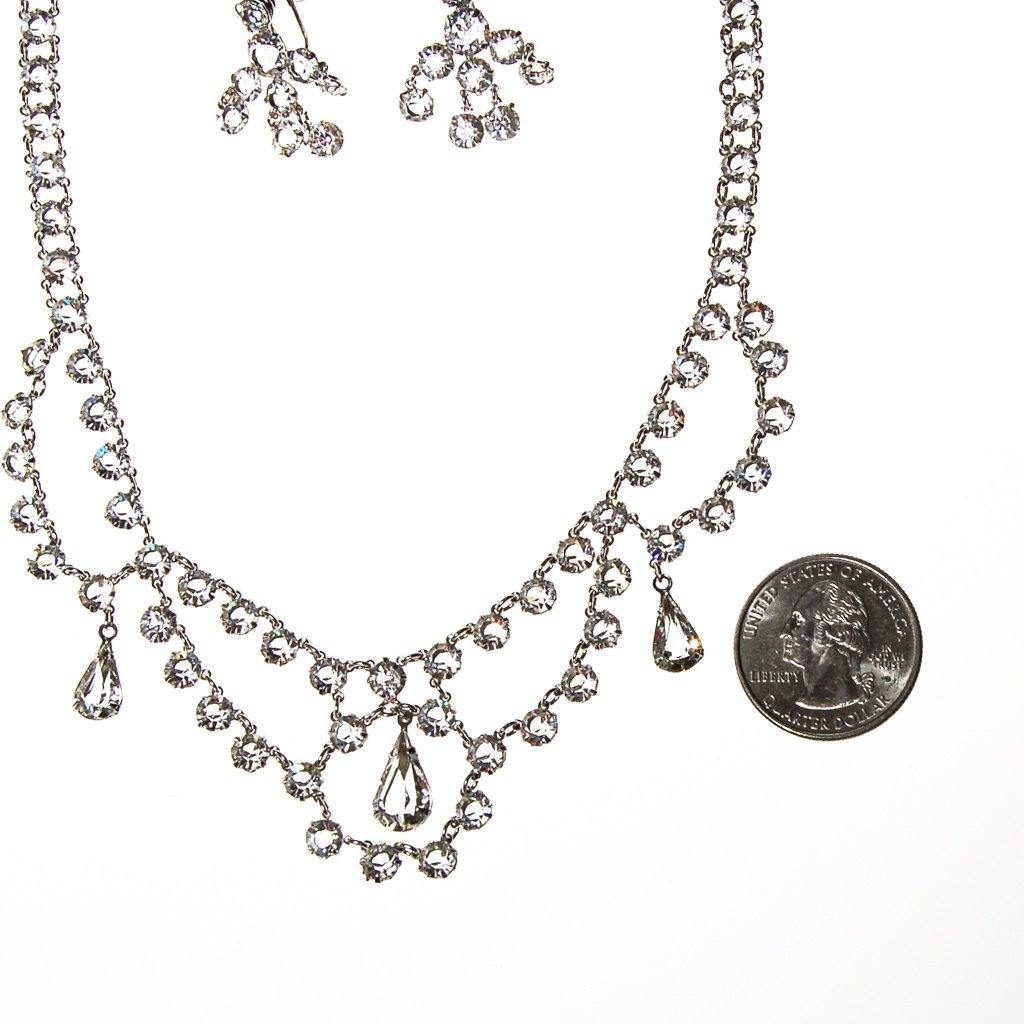 Art Deco Bezel Set Crystal Necklace and Earring Set, White Gold Filled, Demi Parure, Screw Back Earrings, Waterfall Bib Style by Art Deco - Vintage Meet Modern Vintage Jewelry - Chicago, Illinois - #oldhollywoodglamour #vintagemeetmodern #designervintage #jewelrybox #antiquejewelry #vintagejewelry