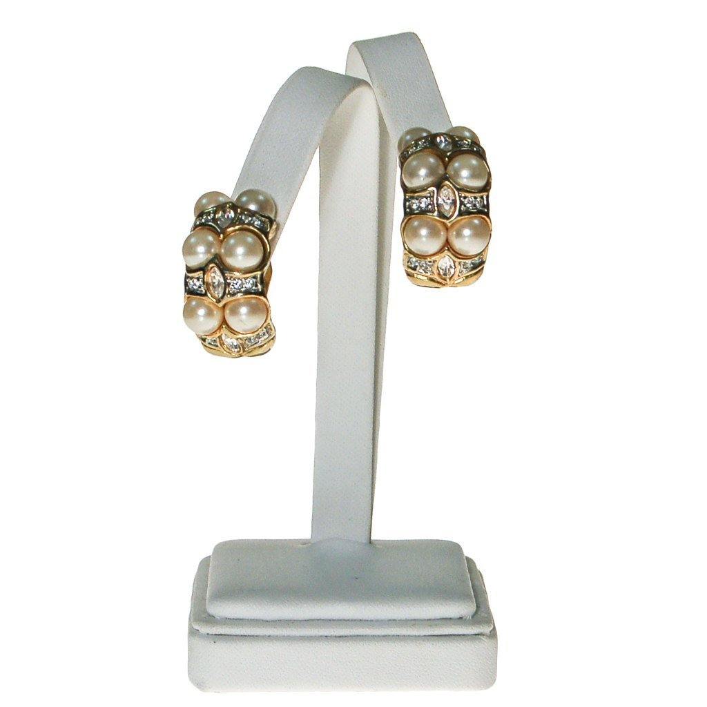 Pearl and Rhinestone Clip On Earrings, Gold Tone, Designer Vintage Jewelry, Wedding, Bridal, Traditional, Classic Style