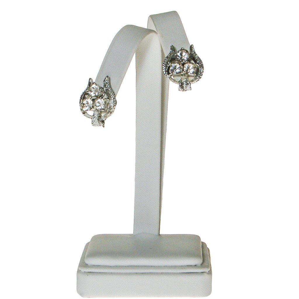 Silver Tone Rhinestone Earrings, Trio, Trinity, Floral, Screw Back, Designer Vintage Jewelry, 1960s by 1950s - Vintage Meet Modern Vintage Jewelry - Chicago, Illinois - #oldhollywoodglamour #vintagemeetmodern #designervintage #jewelrybox #antiquejewelry #vintagejewelry