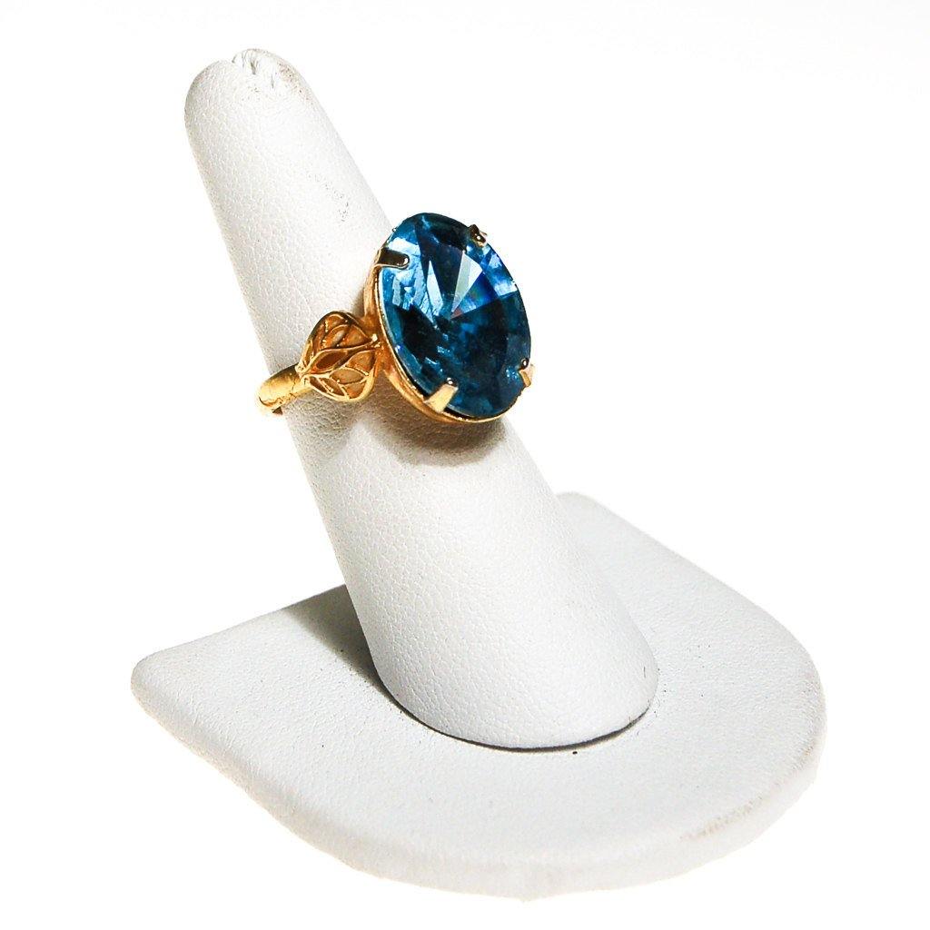Light Blue Crystal Ring, Oval, Shape, Statement Ring, Gold Tone, Adjustable, Designer Jewelry 1960s