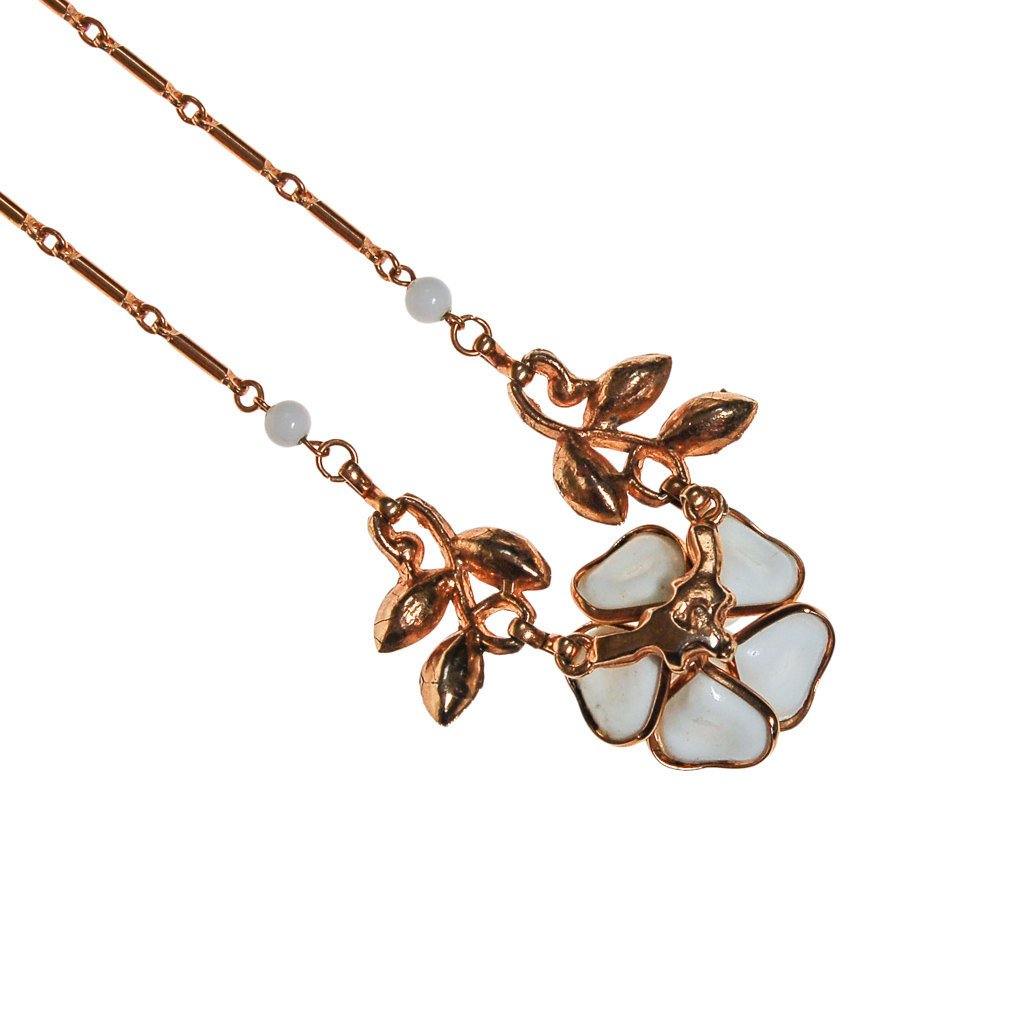Milk Glass Dogwood Flower Necklace by Unsigned Beauty - Vintage Meet Modern Vintage Jewelry - Chicago, Illinois - #oldhollywoodglamour #vintagemeetmodern #designervintage #jewelrybox #antiquejewelry #vintagejewelry