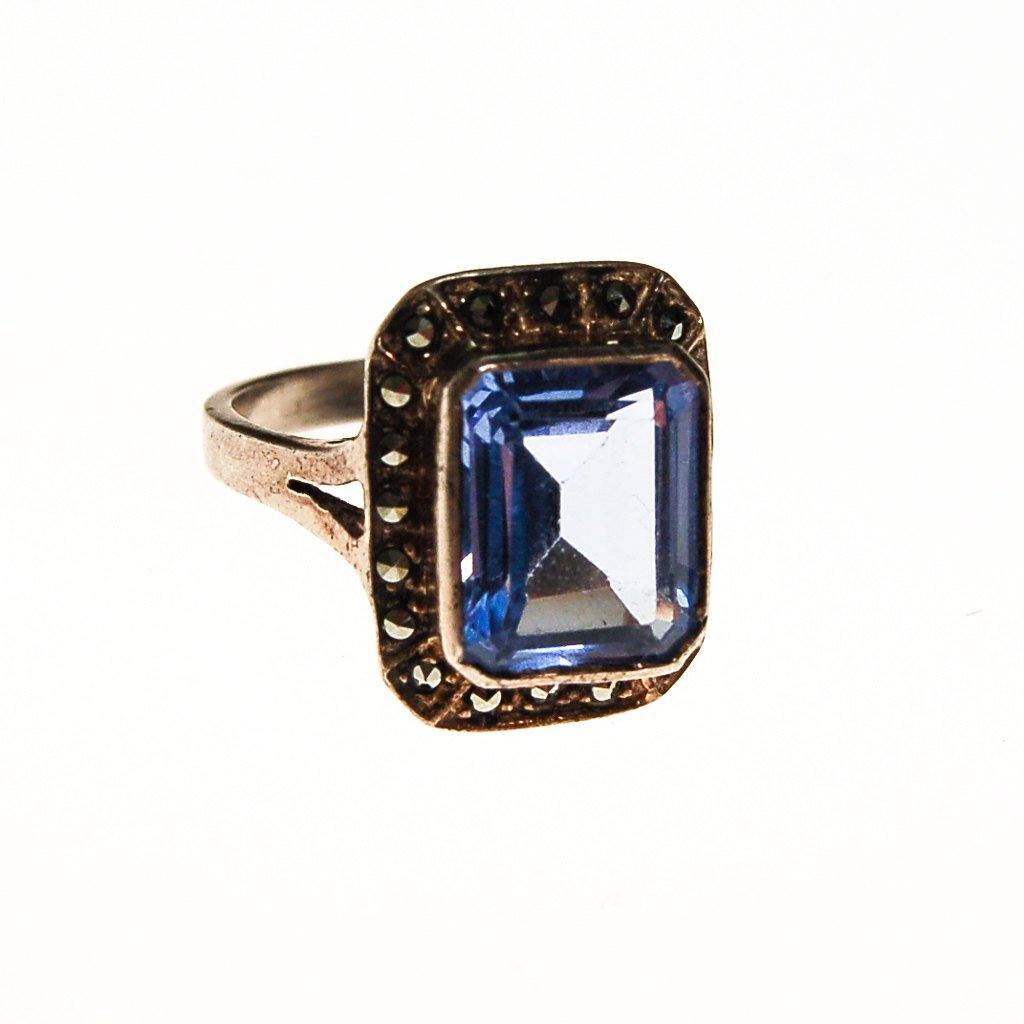 Art Deco Blue Topaz Marcasite Sterling Silver Ring