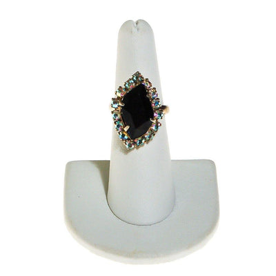 Jet Black and Aurora Borealis Rhinestones Ring, Statement, Cocktail, Dinner Ring, Adjustable, 1950s, 1960s by Unsigned Beauty - Vintage Meet Modern Vintage Jewelry - Chicago, Illinois - #oldhollywoodglamour #vintagemeetmodern #designervintage #jewelrybox #antiquejewelry #vintagejewelry