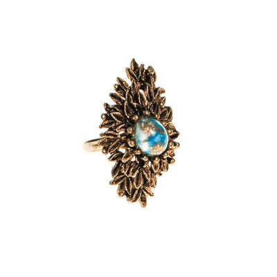 Retro Statement Ring Antique Gold Tone with Speckled Turquoise Cabochon Center by 1960s - Vintage Meet Modern Vintage Jewelry - Chicago, Illinois - #oldhollywoodglamour #vintagemeetmodern #designervintage #jewelrybox #antiquejewelry #vintagejewelry