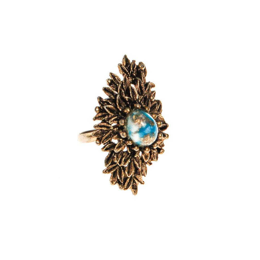 Retro Statement Ring Antique Gold Tone with Speckled Turquoise Cabochon Center