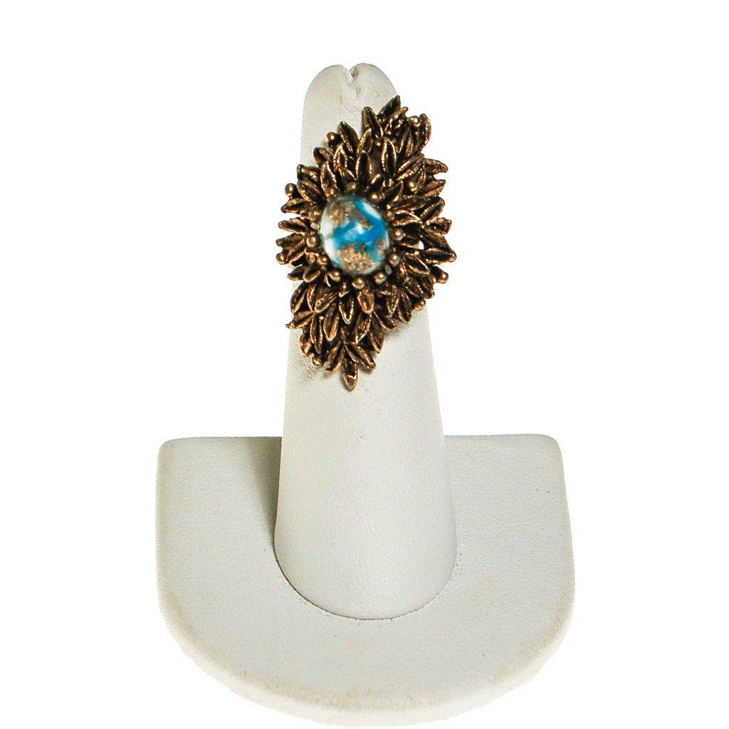 Retro Statement Ring Antique Gold Tone with Speckled Turquoise Cabochon Center by 1960s - Vintage Meet Modern Vintage Jewelry - Chicago, Illinois - #oldhollywoodglamour #vintagemeetmodern #designervintage #jewelrybox #antiquejewelry #vintagejewelry