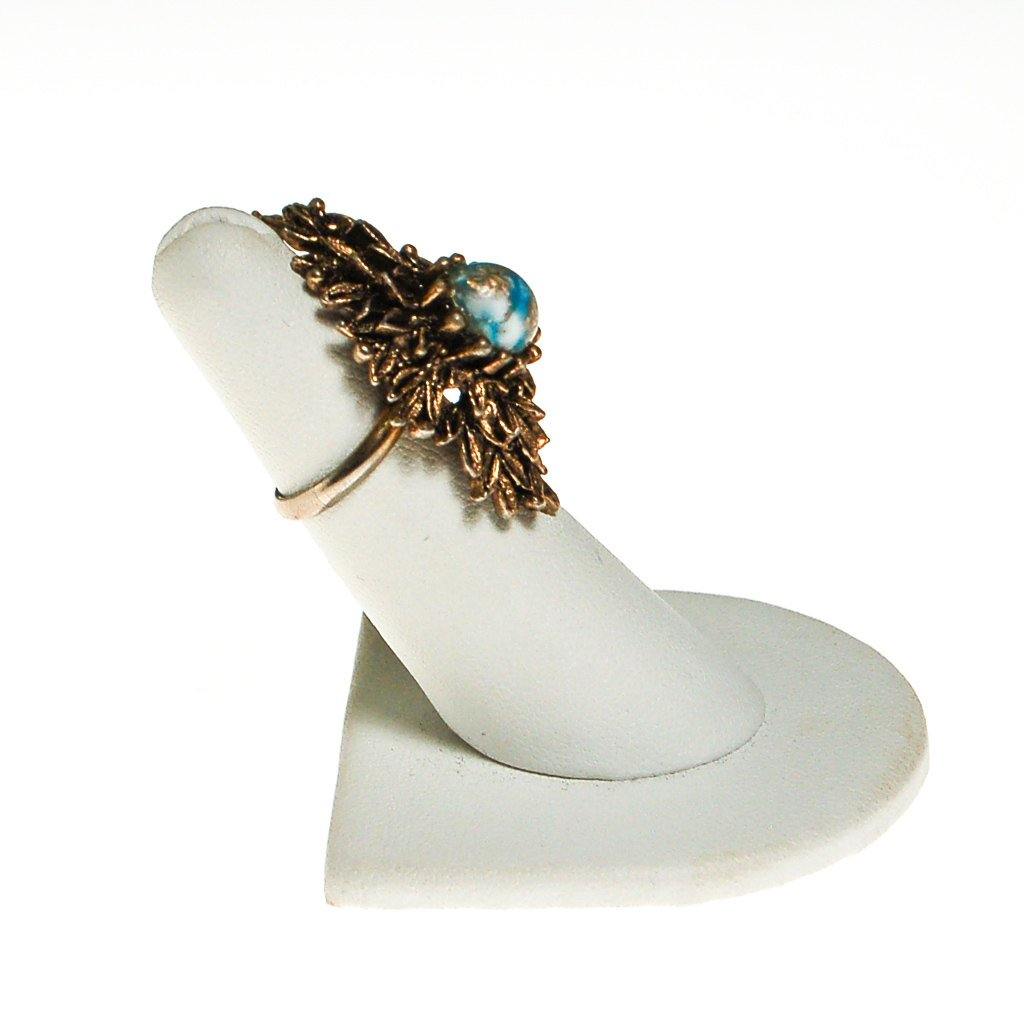 Retro Statement Ring Antique Gold Tone with Speckled Turquoise Cabochon Center by 1960s - Vintage Meet Modern Vintage Jewelry - Chicago, Illinois - #oldhollywoodglamour #vintagemeetmodern #designervintage #jewelrybox #antiquejewelry #vintagejewelry