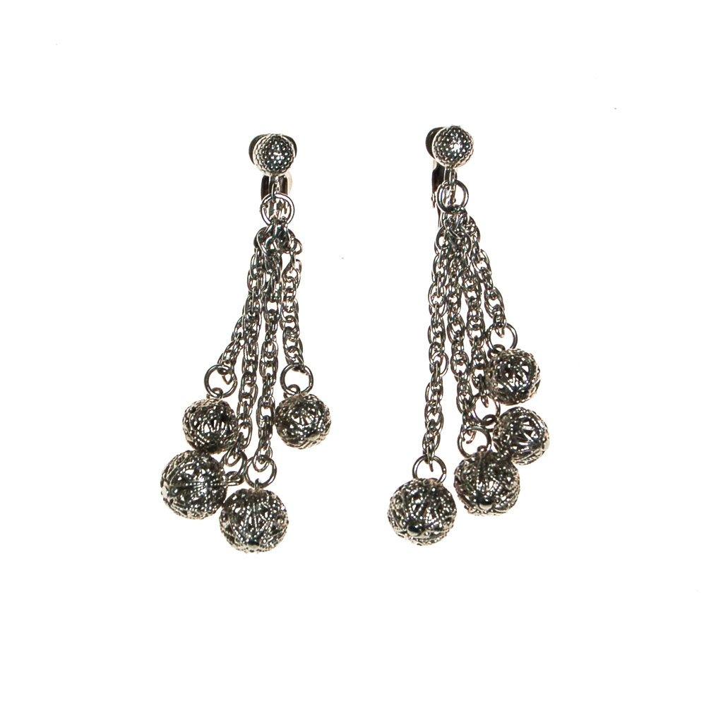 Silver Filigree Beads Earrings, Clip On, Dangling, Drop by 1970s - Vintage Meet Modern Vintage Jewelry - Chicago, Illinois - #oldhollywoodglamour #vintagemeetmodern #designervintage #jewelrybox #antiquejewelry #vintagejewelry