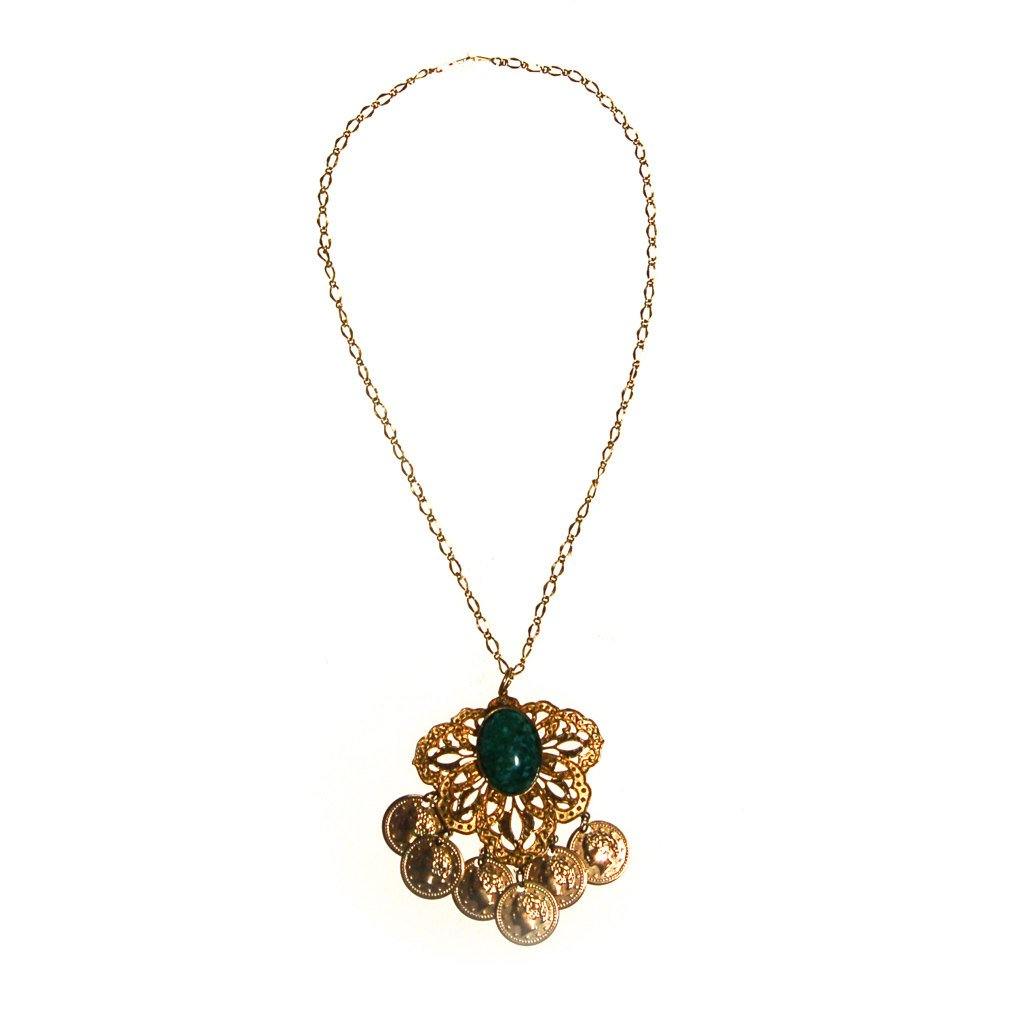 Gold Filigree Medallion Necklace, Faux Speckled Jade Cabochon, Dangling Coins, Etruscan Revival, 1970s Era, Statement Necklace by 1970s - Vintage Meet Modern Vintage Jewelry - Chicago, Illinois - #oldhollywoodglamour #vintagemeetmodern #designervintage #jewelrybox #antiquejewelry #vintagejewelry