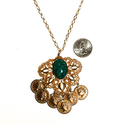 Gold Filigree Medallion Necklace, Faux Speckled Jade Cabochon, Dangling Coins, Etruscan Revival, 1970s Era, Statement Necklace by 1970s - Vintage Meet Modern Vintage Jewelry - Chicago, Illinois - #oldhollywoodglamour #vintagemeetmodern #designervintage #jewelrybox #antiquejewelry #vintagejewelry