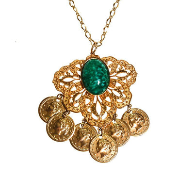 Gold Filigree Medallion Necklace, Faux Speckled Jade Cabochon, Dangling Coins, Etruscan Revival, 1970s Era, Statement Necklace by 1970s - Vintage Meet Modern Vintage Jewelry - Chicago, Illinois - #oldhollywoodglamour #vintagemeetmodern #designervintage #jewelrybox #antiquejewelry #vintagejewelry