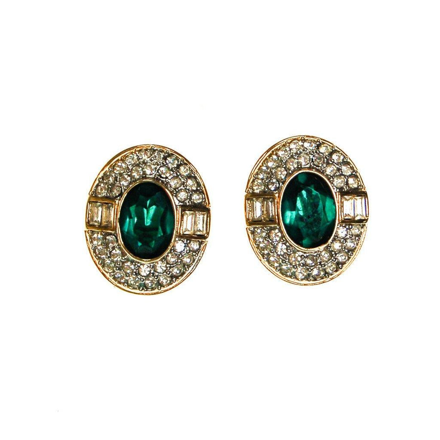 Emerald Green and Diamante Rhinestone Statement Earrings by Clip On - Vintage Meet Modern Vintage Jewelry - Chicago, Illinois - #oldhollywoodglamour #vintagemeetmodern #designervintage #jewelrybox #antiquejewelry #vintagejewelry