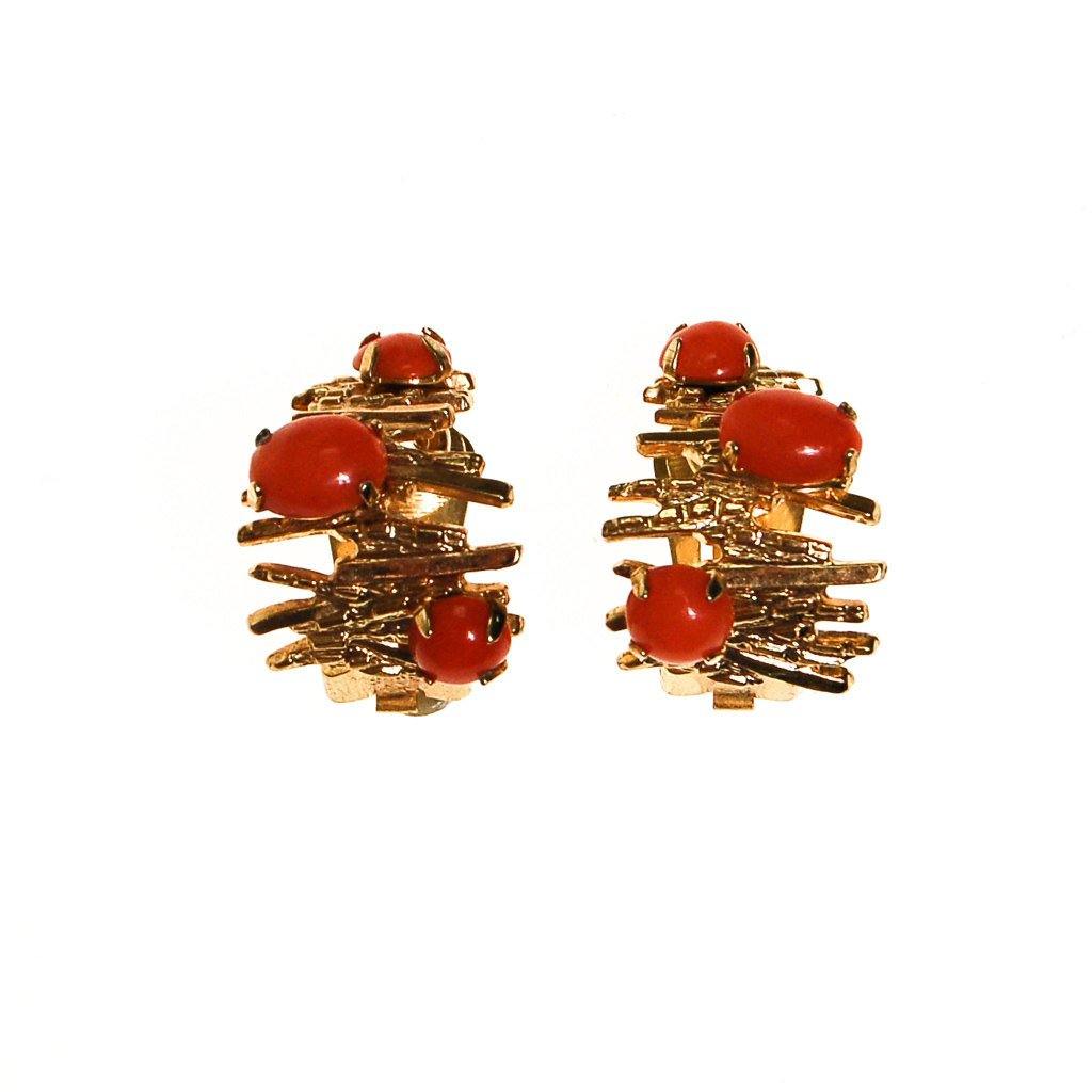 Henkel and Grosse Brutalist Modern Earrings Gold Tone with Coral Cabochons by Henkel and Grosse - Vintage Meet Modern Vintage Jewelry - Chicago, Illinois - #oldhollywoodglamour #vintagemeetmodern #designervintage #jewelrybox #antiquejewelry #vintagejewelry