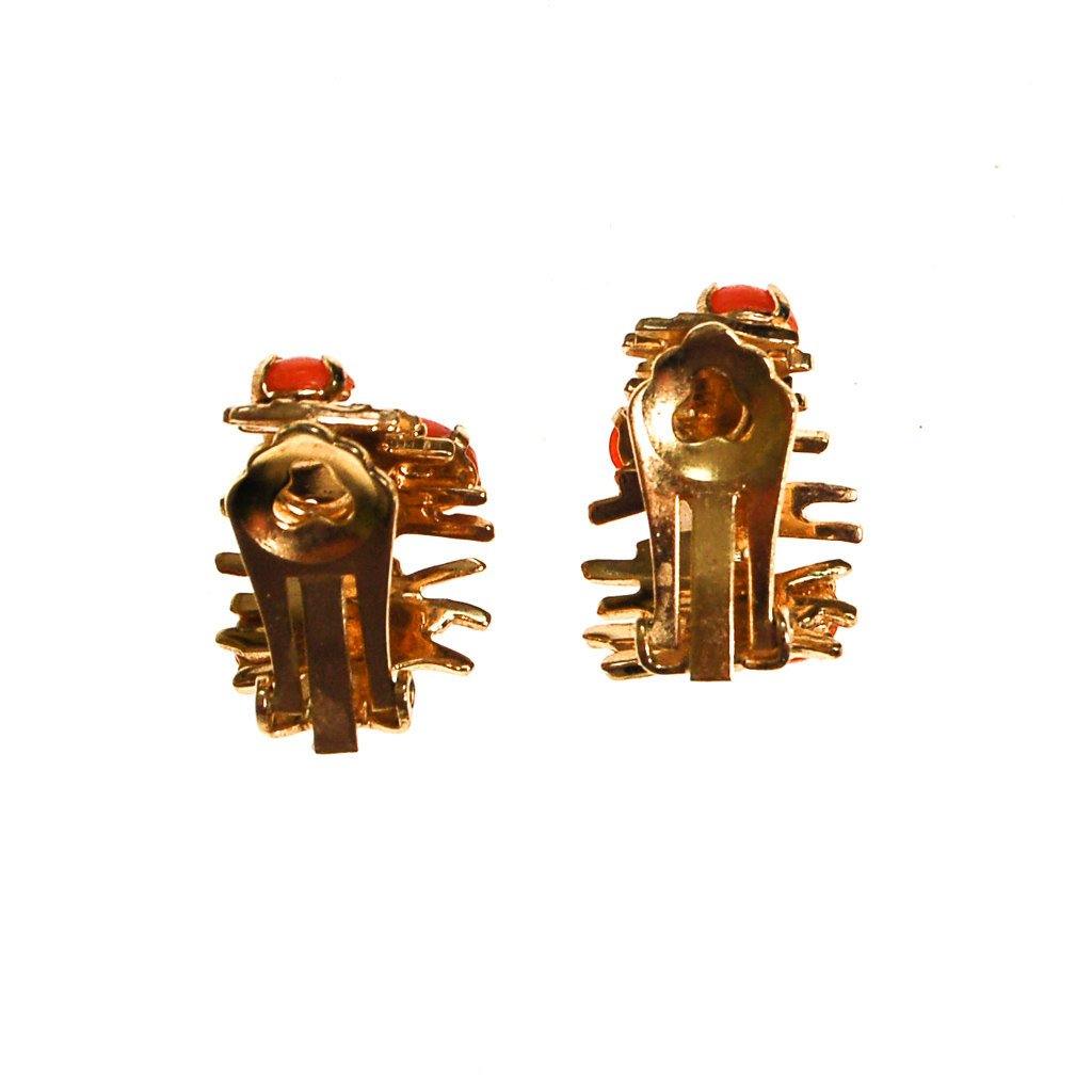 Henkel and Grosse Brutalist Modern Earrings Gold Tone with Coral Cabochons by Henkel and Grosse - Vintage Meet Modern Vintage Jewelry - Chicago, Illinois - #oldhollywoodglamour #vintagemeetmodern #designervintage #jewelrybox #antiquejewelry #vintagejewelry