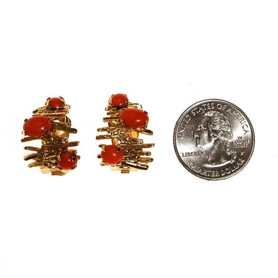 Henkel and Grosse Brutalist Modern Earrings Gold Tone with Coral Cabochons by Henkel and Grosse - Vintage Meet Modern Vintage Jewelry - Chicago, Illinois - #oldhollywoodglamour #vintagemeetmodern #designervintage #jewelrybox #antiquejewelry #vintagejewelry