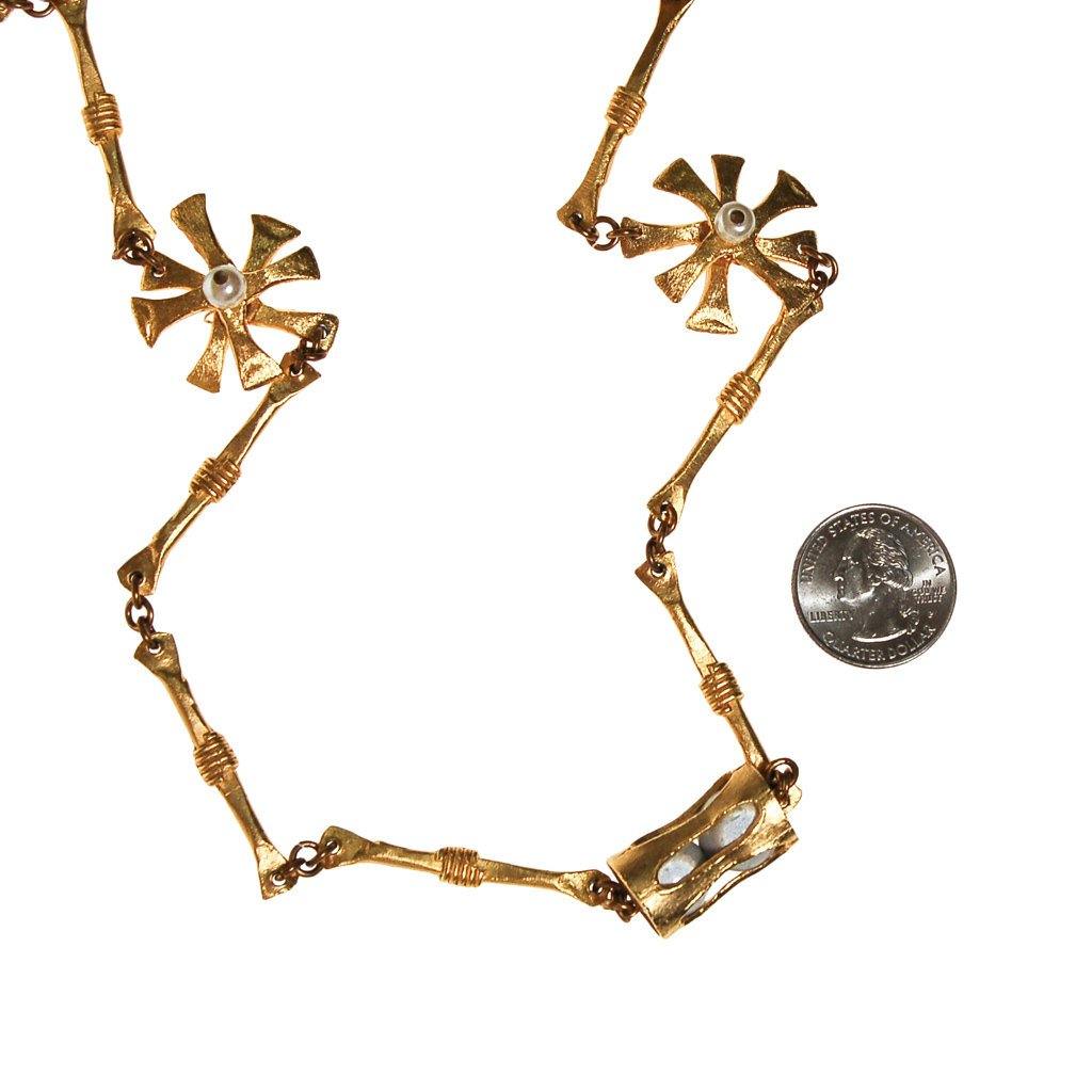 Gold Tone Abstract Necklace, Star Links, Faux Pearls, Long Length, Layering Necklace by 1970s - Vintage Meet Modern Vintage Jewelry - Chicago, Illinois - #oldhollywoodglamour #vintagemeetmodern #designervintage #jewelrybox #antiquejewelry #vintagejewelry
