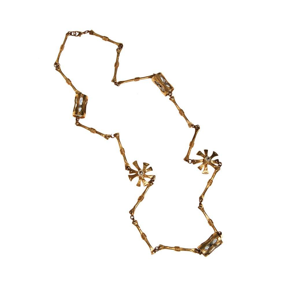 Gold Tone Abstract Necklace, Star Links, Faux Pearls, Long Length, Layering Necklace
